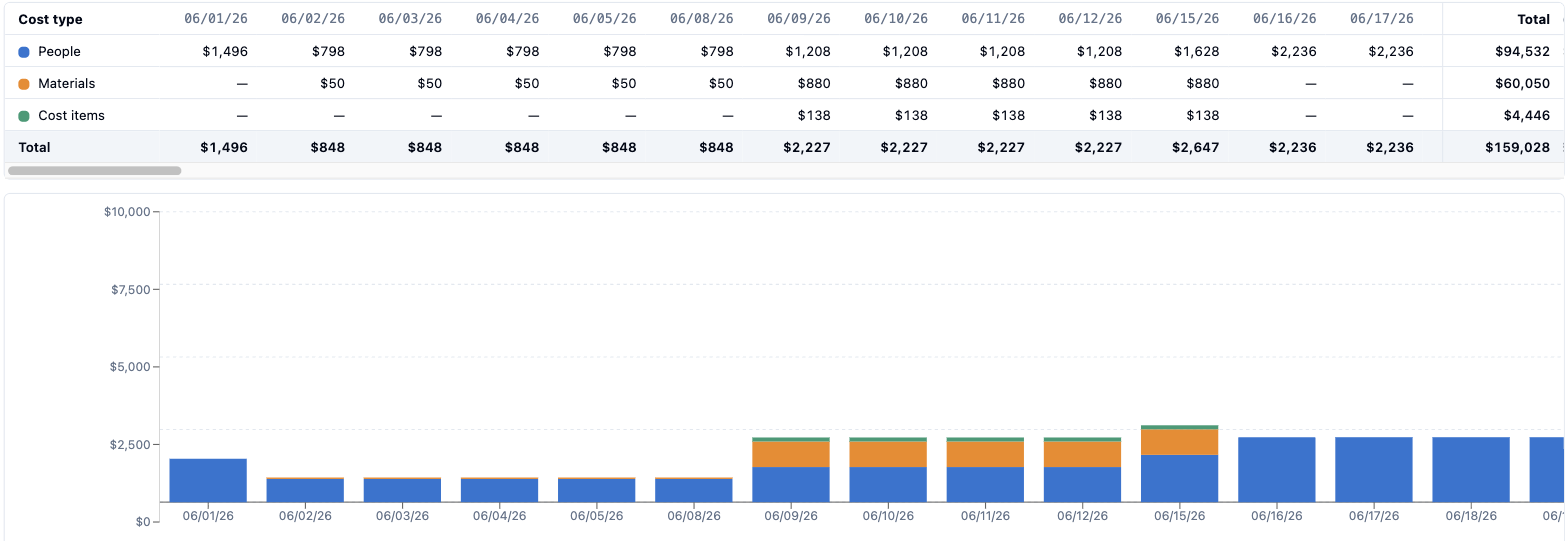 Project budget by day, split into people, materials and cost items